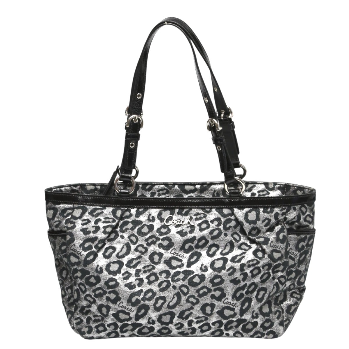 コーチ COACH ハンドバッグ
 トートバッグ 肩掛け レオパード キャンバス F17675 シルバー×ブラック 【SS】
 【中古】