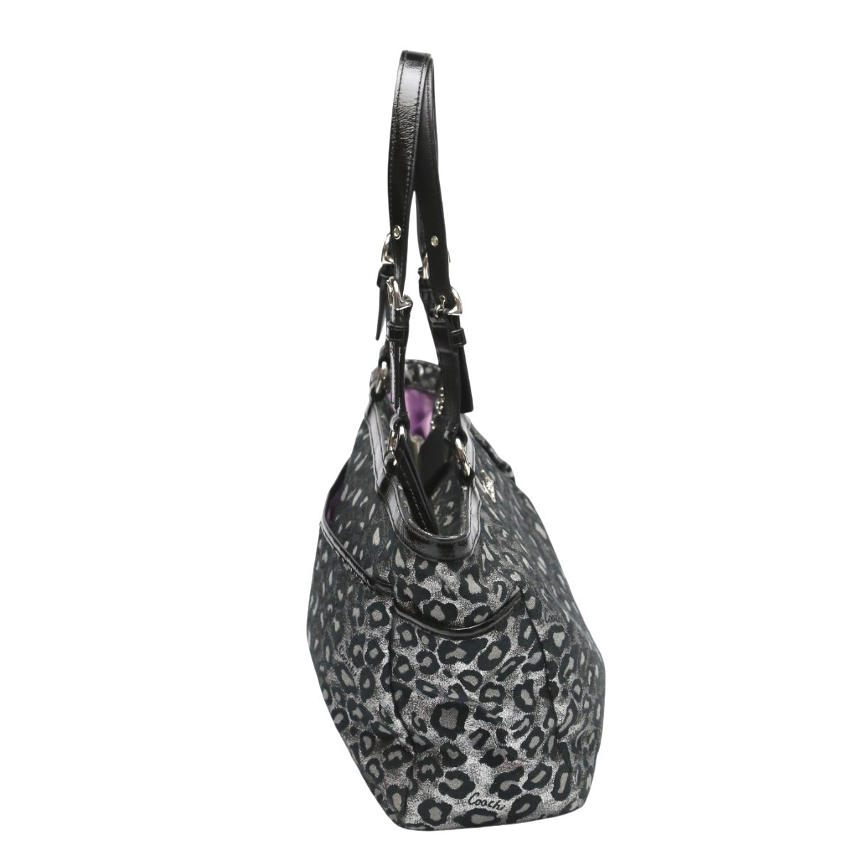 コーチ COACH ハンドバッグ
 トートバッグ 肩掛け レオパード キャンバス F17675 シルバー×ブラック 【SS】
 【中古】