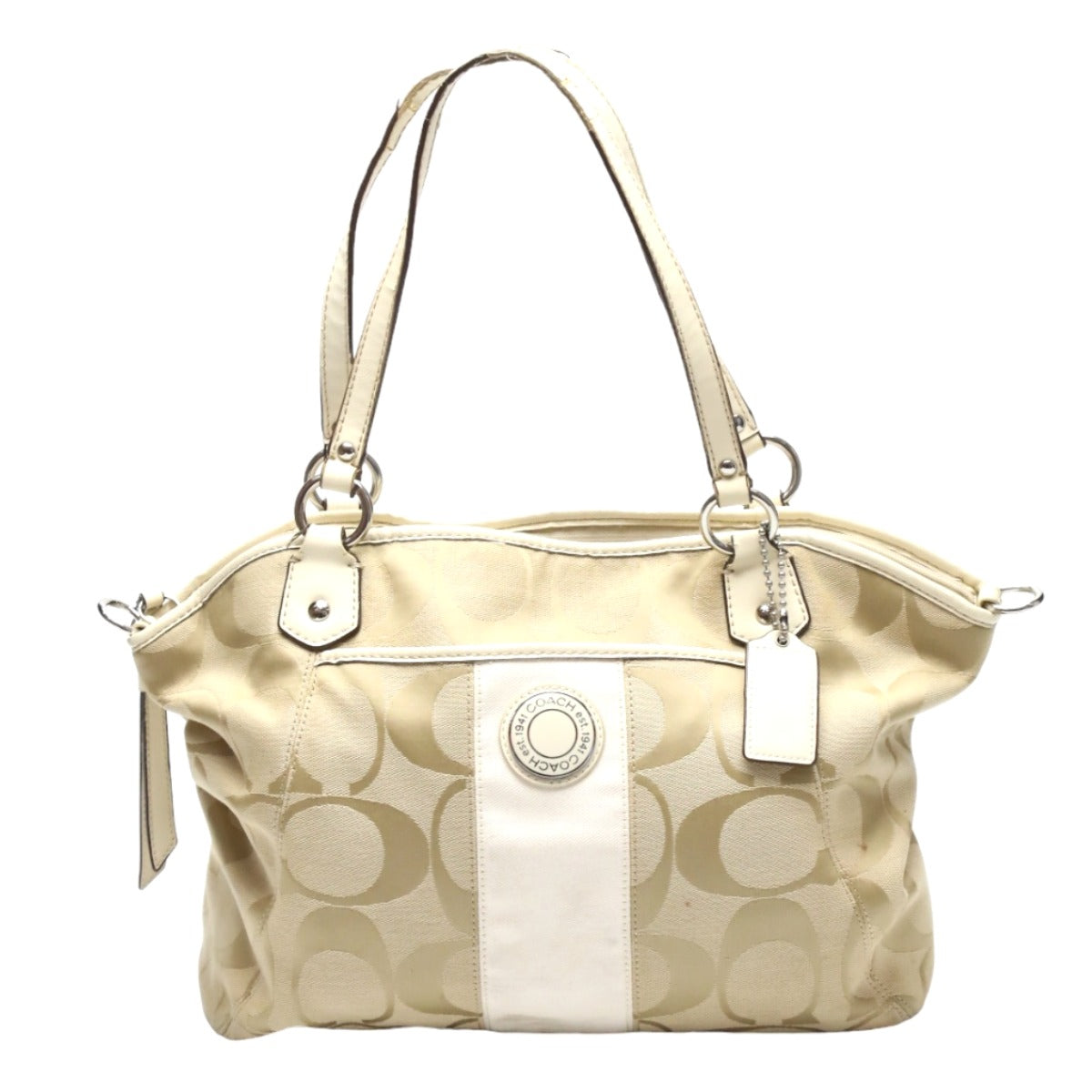 コーチ COACH トートバッグ
シグネチャー ストライプ ポケット レザー F19203 ライトカーキ×ホワイト 【SS】
【中古】