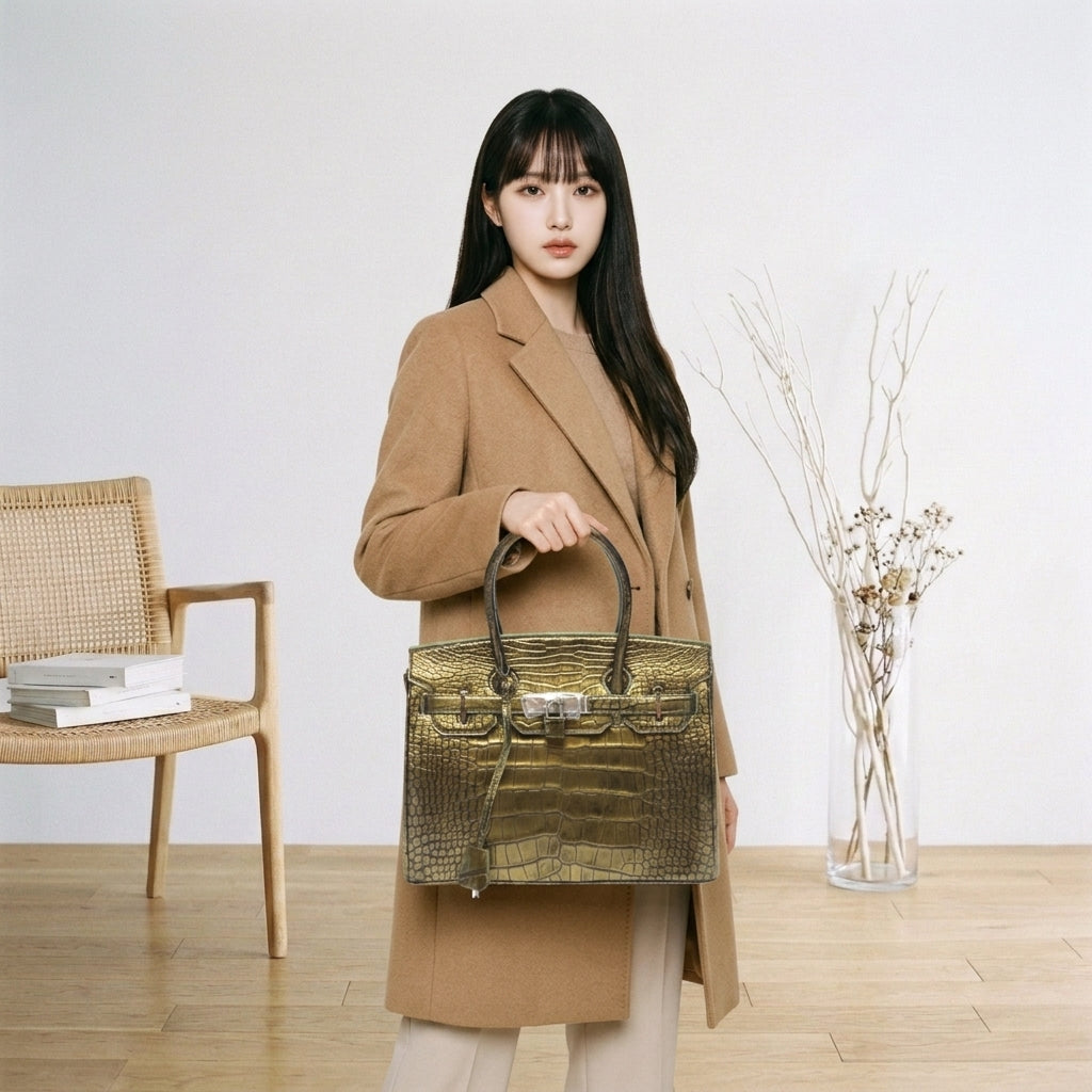 クロコダイル CROCODILE ハンドバッグ
ヘンローン メタリック 30cm クロコダイル YB-2101 ゴールド 【H】