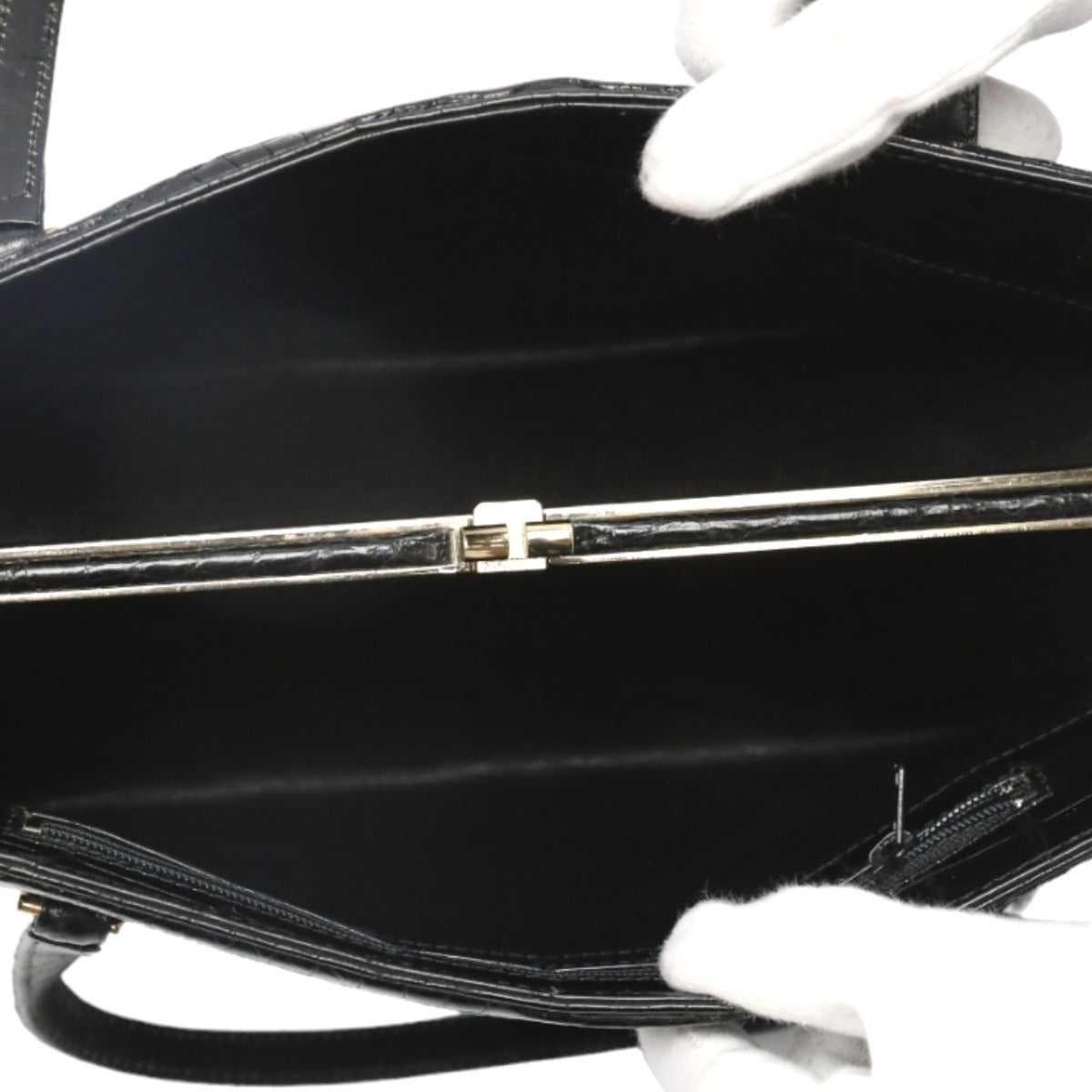 ハンドバッグ
 がま口 クロコダイル シャイニング クロコダイル ブラック 【SS】
 【中古】