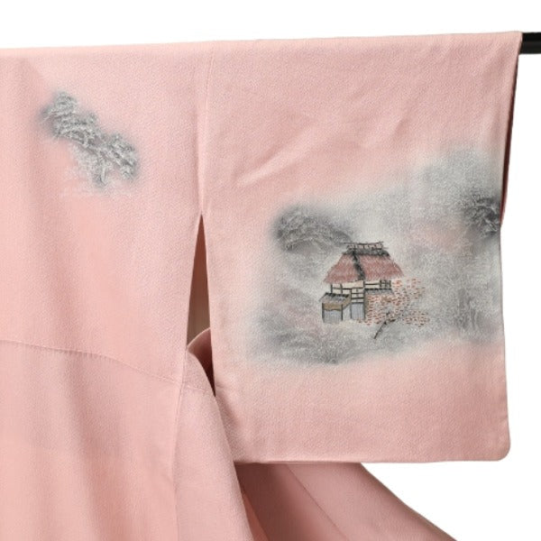 Homongi and Tsukesage
 Kimono, Japanese clothing, Dahlia, Landscape painting, Polyester, Light pink [SS]
 【second hand】 