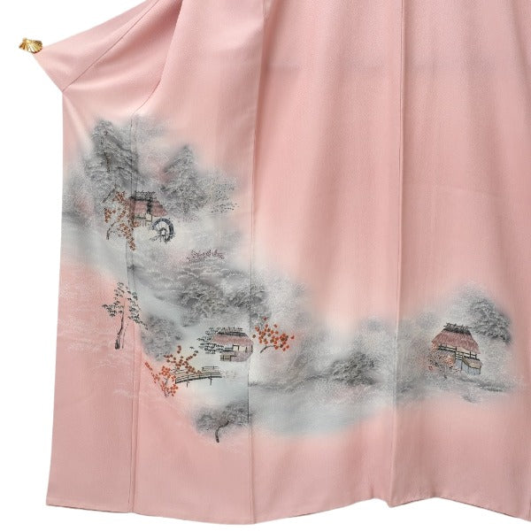 Homongi and Tsukesage
 Kimono, Japanese clothing, Dahlia, Landscape painting, Polyester, Light pink [SS]
 【second hand】 