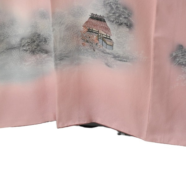 Homongi and Tsukesage
 Kimono, Japanese clothing, Dahlia, Landscape painting, Polyester, Light pink [SS]
 【second hand】 