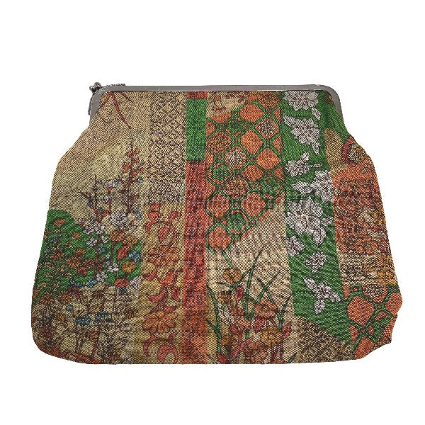 ポーチ
 和装用 がま口 グリーン×オレンジ 【SS】
 【中古】