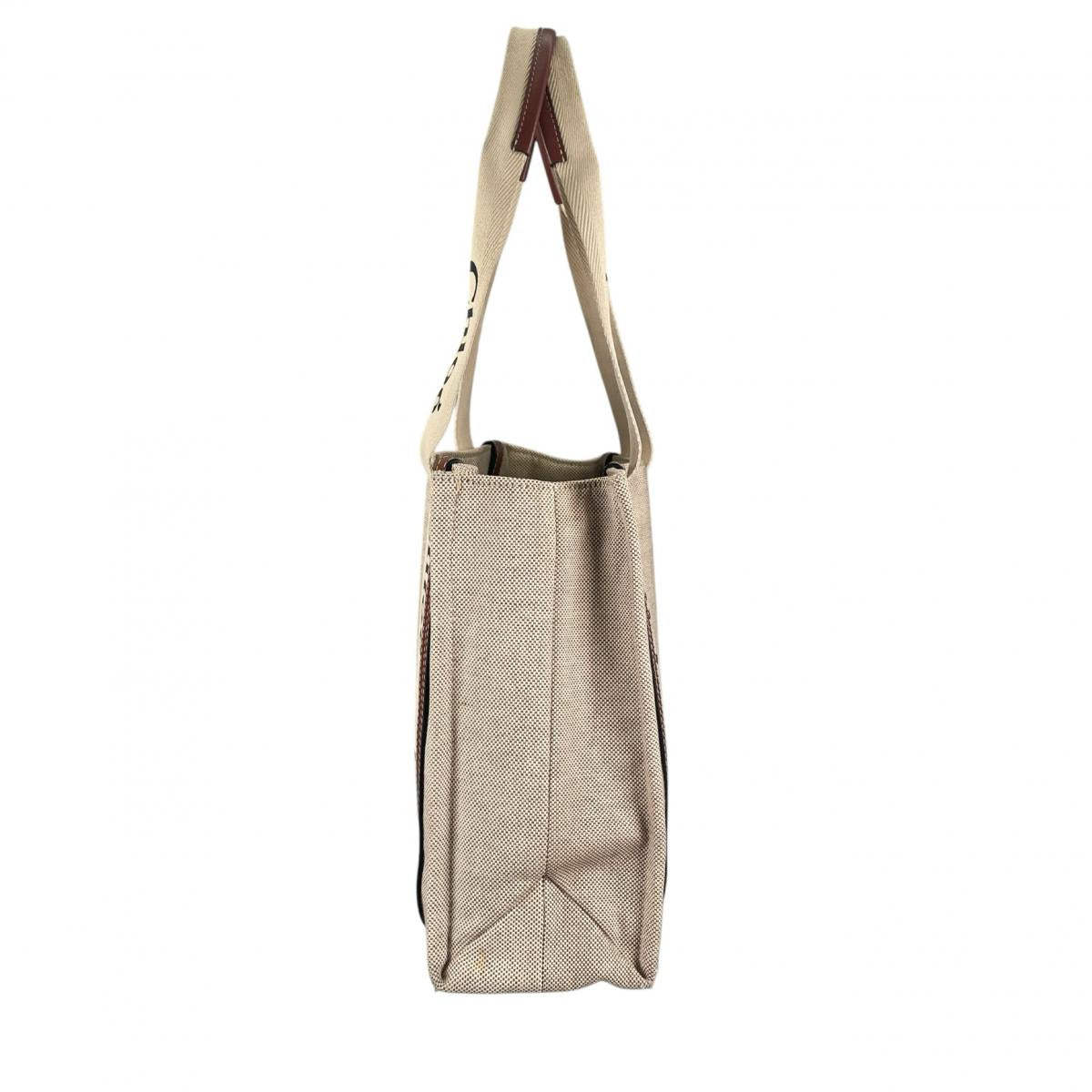 クロエ Chloe ハンドバッグ
 ミディアムトートバッグ シャイニーカーフスキン Woody リネン ベージュ 【SS】
 【中古】