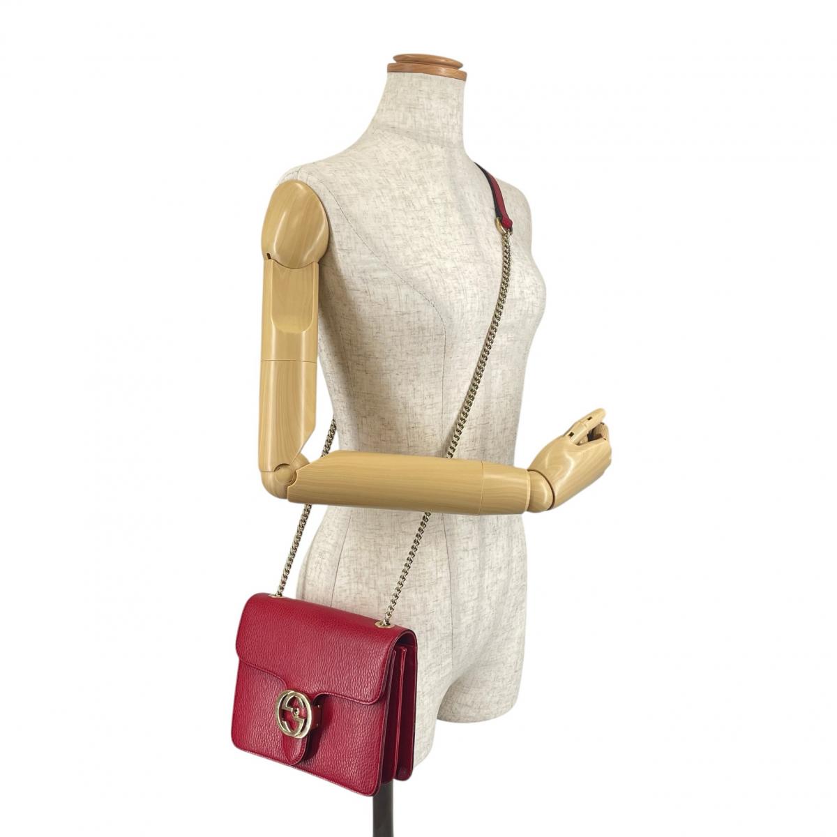 グッチ GUCCI ショルダーバッグ
 ゴールドチェーン クロスボディバッグ インターロッキングG レザー 510304 レッド 【SS】
 【中古】