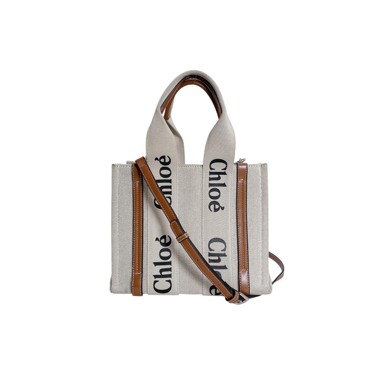 クロエ Chloe ハンドバッグ
 ミディアムトートバッグ シャイニーカーフスキン Woody キャンバス ベージュ 【SS】
 【中古】