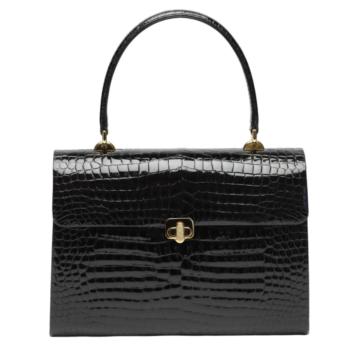 クロコダイル CROCODILE ハンドバッグ
 ハンドバッグ ゴールド金具 JRA クロコダイル ブラック 【SS】
 【中古】