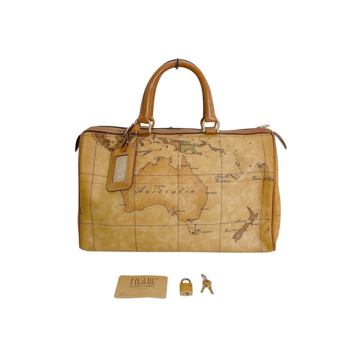 プリマクラッセ PRIMA CLASSE ボストンバッグ
 ミニボストン ハンドバッグ 地図柄 PVCコーティングキャンバス ブラウン 【SS】
 【中古】