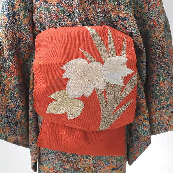 Nagoya obi
 8-inch Nagoya silk, orange background, orange x gold [H]
 【second hand】 