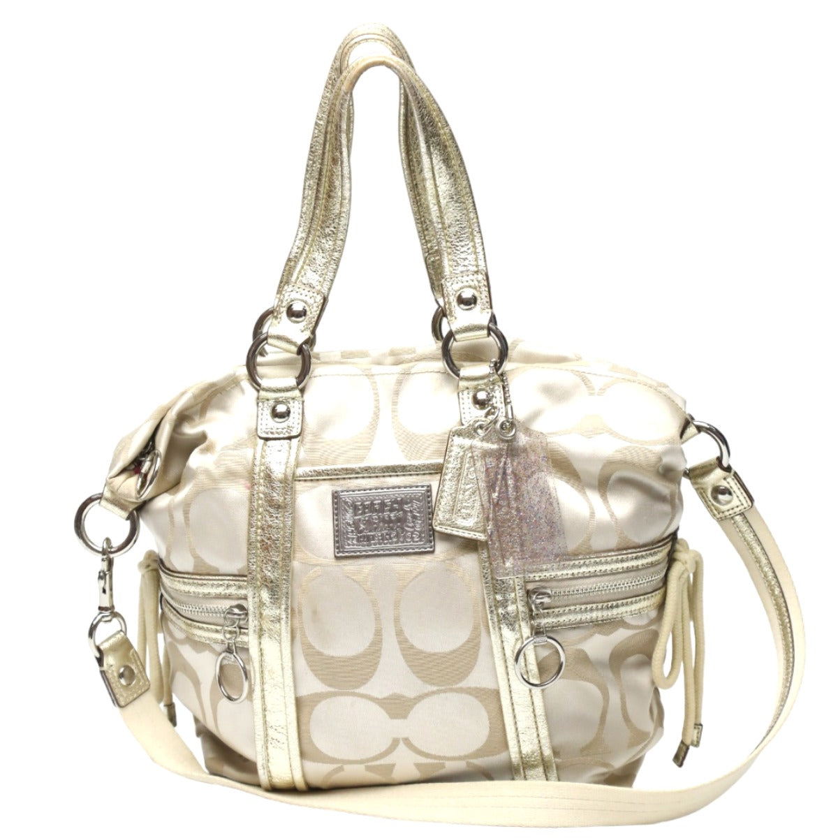 コーチ COACH トートバッグ
 ショルダーバッグ シグネチャー  ポピー サテン スポットライト レザー 13843 ベージュ×ゴールド 【SS】
 【中古】