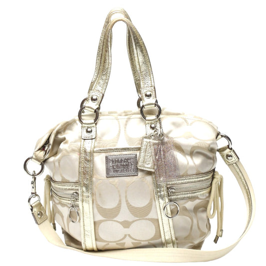 コーチ COACH トートバッグ
 ショルダーバッグ シグネチャー  ポピー サテン スポットライト レザー 13843 ベージュ×ゴールド 【SS】
 【中古】
