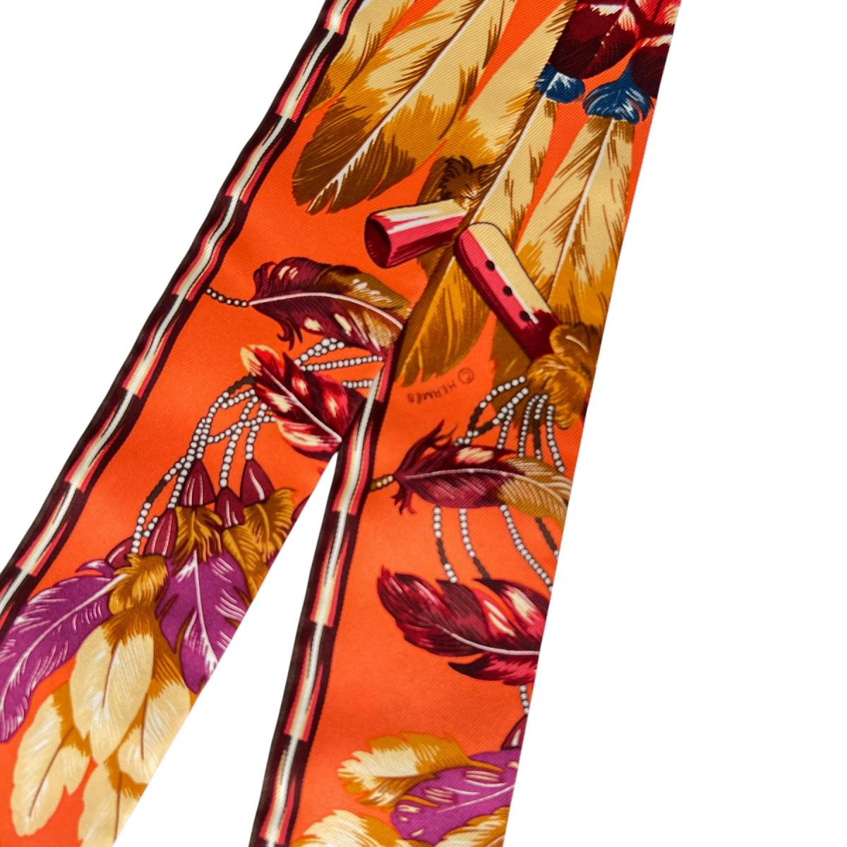 エルメス HERMES スカーフ
 リボンスカーフ 羽根 ツイリー シルク オレンジ 【SS】
 【中古】