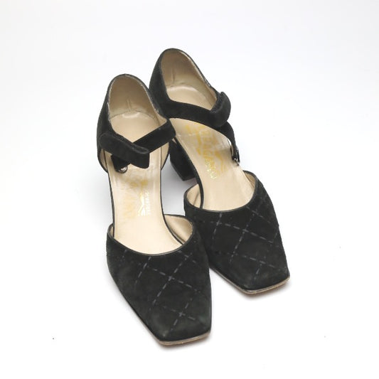 Salvatore Ferragamo Sandals
 Ankle strap cone heel 6 1/2 C suede black [SS]
 【second hand】 