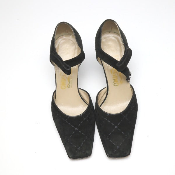 Salvatore Ferragamo Sandals
 Ankle strap cone heel 6 1/2 C suede black [SS]
 【second hand】 