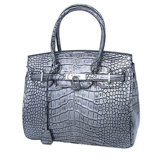 クロコダイル CROCODILE ハンドバッグ
 ヘンローン メタリック 30cm クロコダイル YB-2101 シルバー 【H】