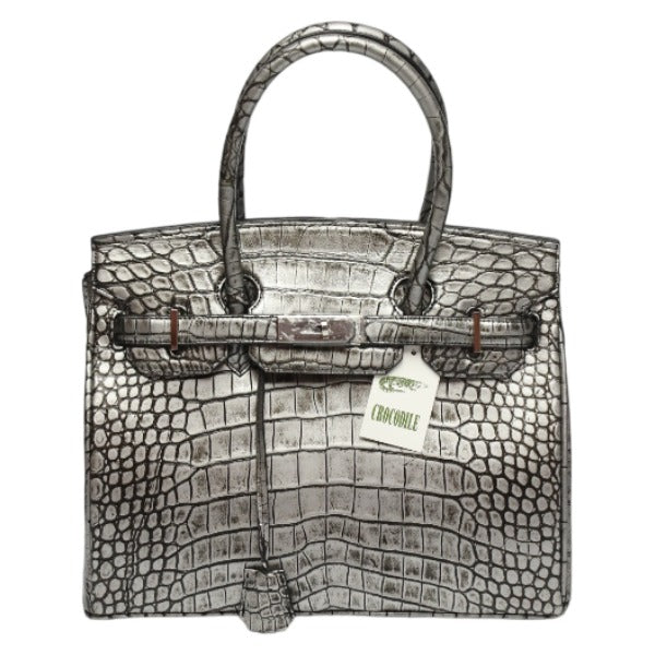 クロコダイル CROCODILE ハンドバッグ
 ヘンローン メタリック 30cm クロコダイル YB-2101 シルバー 【H】
