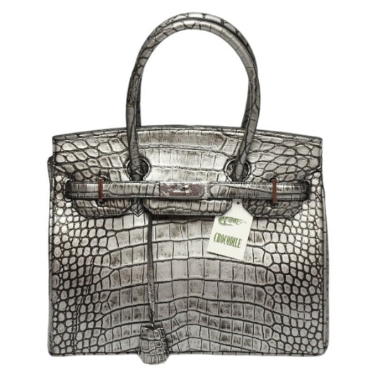 クロコダイル CROCODILE ハンドバッグ
 ヘンローン メタリック 30cm クロコダイル YB-2101 シルバー 【H】