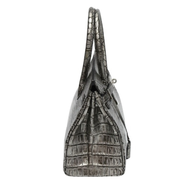 クロコダイル CROCODILE ハンドバッグ
 ヘンローン メタリック 30cm クロコダイル YB-2101 シルバー 【H】