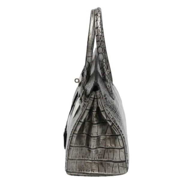 クロコダイル CROCODILE ハンドバッグ
 ヘンローン メタリック 30cm クロコダイル YB-2101 シルバー 【H】