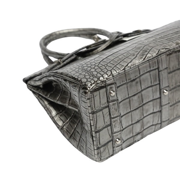 クロコダイル CROCODILE ハンドバッグ
 ヘンローン メタリック 30cm クロコダイル YB-2101 シルバー 【H】