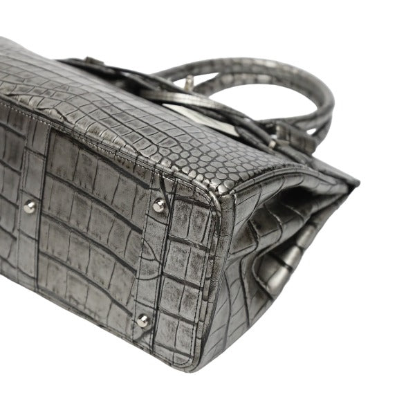 クロコダイル CROCODILE ハンドバッグ
 ヘンローン メタリック 30cm クロコダイル YB-2101 シルバー 【H】