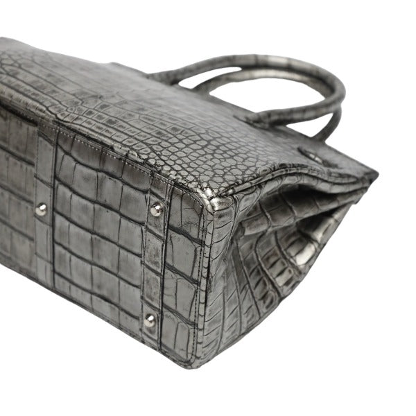 クロコダイル CROCODILE ハンドバッグ
 ヘンローン メタリック 30cm クロコダイル YB-2101 シルバー 【H】