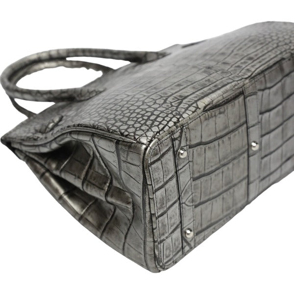 クロコダイル CROCODILE ハンドバッグ
 ヘンローン メタリック 30cm クロコダイル YB-2101 シルバー 【H】