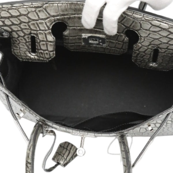 クロコダイル CROCODILE ハンドバッグ
 ヘンローン メタリック 30cm クロコダイル YB-2101 シルバー 【H】