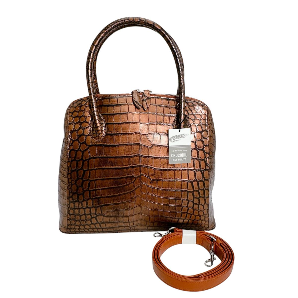 クロコダイル CROCODILE ハンドバッグ
 メタリック ブカッティー ストラップ付 クロコダイル 3994 ブラウン 【H】