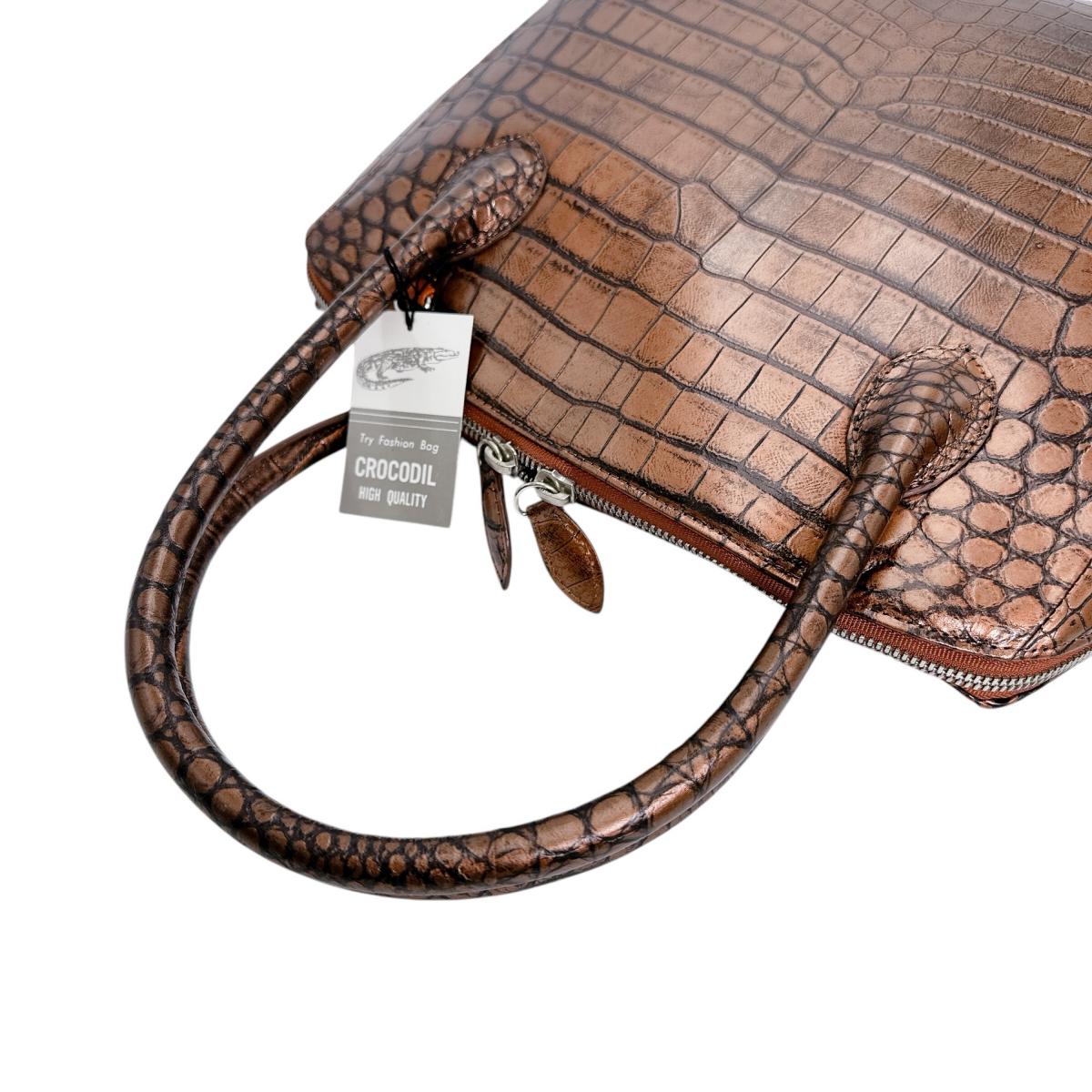 クロコダイル CROCODILE ハンドバッグ
 メタリック ブカッティー ストラップ付 クロコダイル 3994 ブラウン 【H】