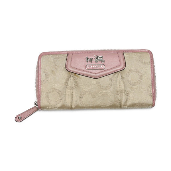 コーチ COACH 長財布
 ラウンドファスナー キャンバス 長財布 キャンバス ベージュ×ピンク 【SS】
 【中古】