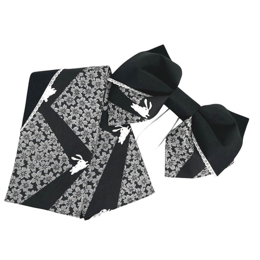 浴衣帯
 うさぎ模様 作り帯 リボン型 コットン ブラック 【SS】
 【中古】