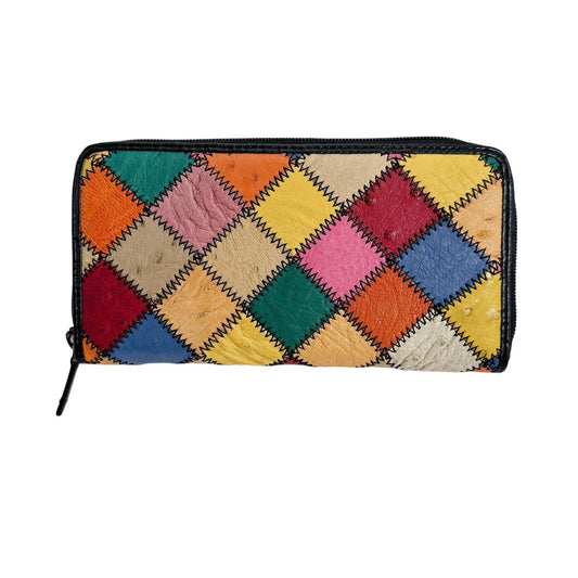 オーストリッチ ostrich 長財布
 ラウンドファスナー 黒ステッチ パッチワーク オーストリッチ LB-5055 マルチカラー 【SS】
 【中古】