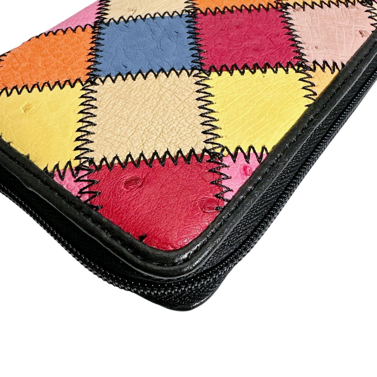 オーストリッチ ostrich 長財布
 ラウンドファスナー 黒ステッチ パッチワーク オーストリッチ LB-5055 マルチカラー 【H】