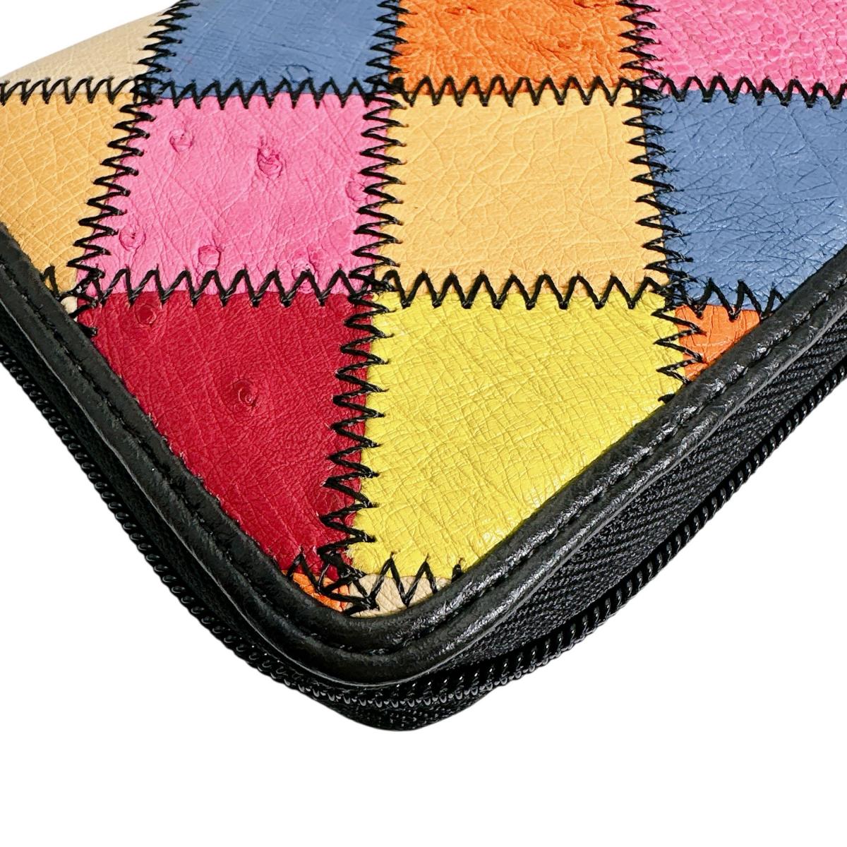 オーストリッチ ostrich 長財布
 ラウンドファスナー 黒ステッチ パッチワーク オーストリッチ LB-5055 マルチカラー 【H】
