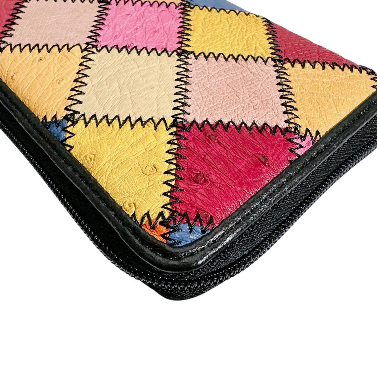 オーストリッチ ostrich 長財布
 ラウンドファスナー 黒ステッチ パッチワーク オーストリッチ LB-5055 マルチカラー 【SS】
 【中古】