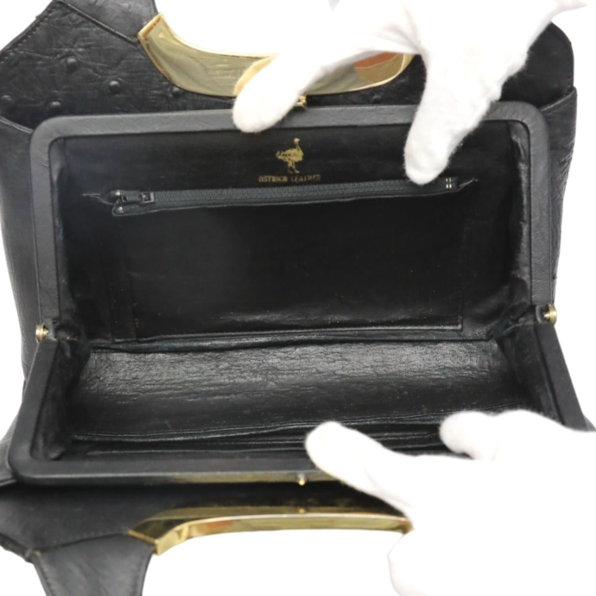 オーストリッチ ostrich ハンドバッグ
 フルポイント オーストリッチ ゴールド金具 オーストリッチ ブラック 【H】
 【中古】
