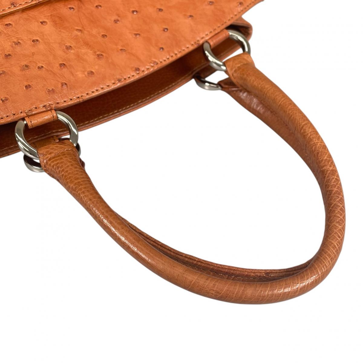 オーストリッチ ostrich ハンドバッグ
 トートバッグ 天然素材 クイルマーク オーストリッチ ブラウン 【SS】
 【中古】