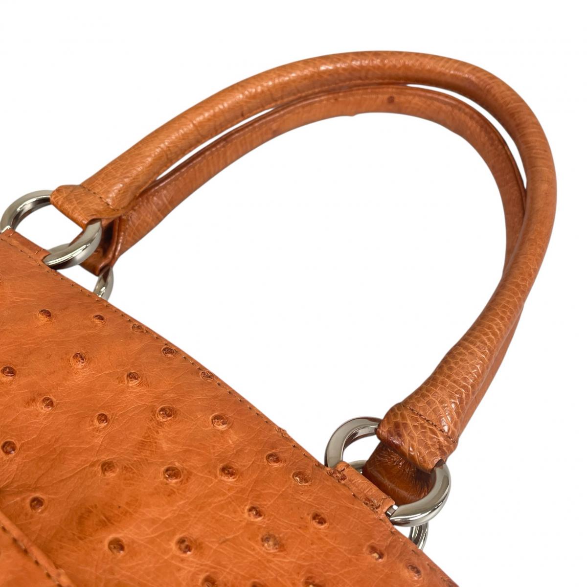 オーストリッチ ostrich ハンドバッグ
 トートバッグ 天然素材 クイルマーク オーストリッチ ブラウン 【SS】
 【中古】