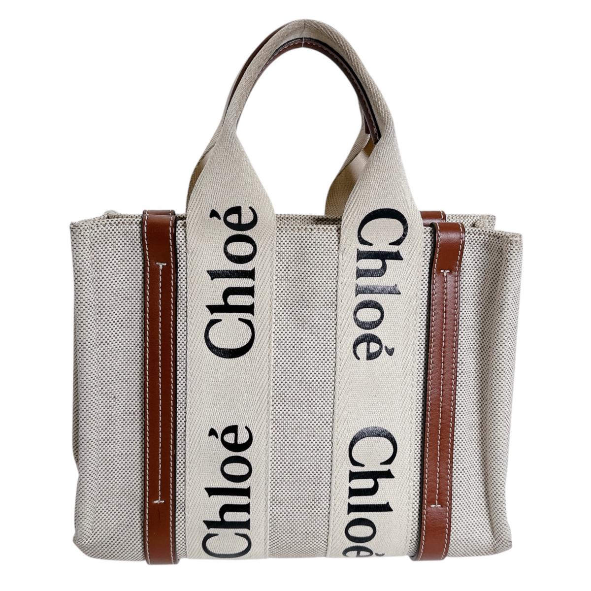 クロエ Chloe ハンドバッグ
 トートバッグ ウッディスモール Woody コットンキャンバス ベージュ 【SS】
 【中古】
