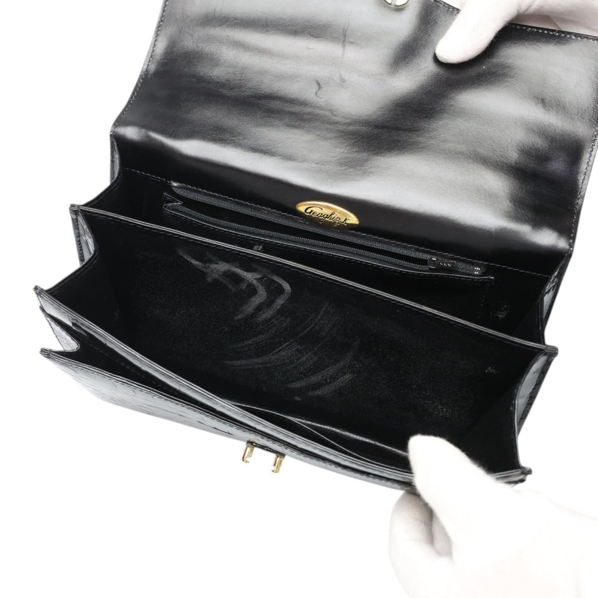 クロコダイル CROCODILE ハンドバッグ
 ハンドバッグ ゴールド金具 フォーマル レザー ブラック 【H】
 【中古】