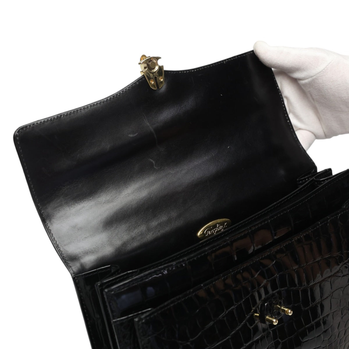 クロコダイル CROCODILE ハンドバッグ
 ハンドバッグ ゴールド金具 フォーマル レザー ブラック 【H】
 【中古】