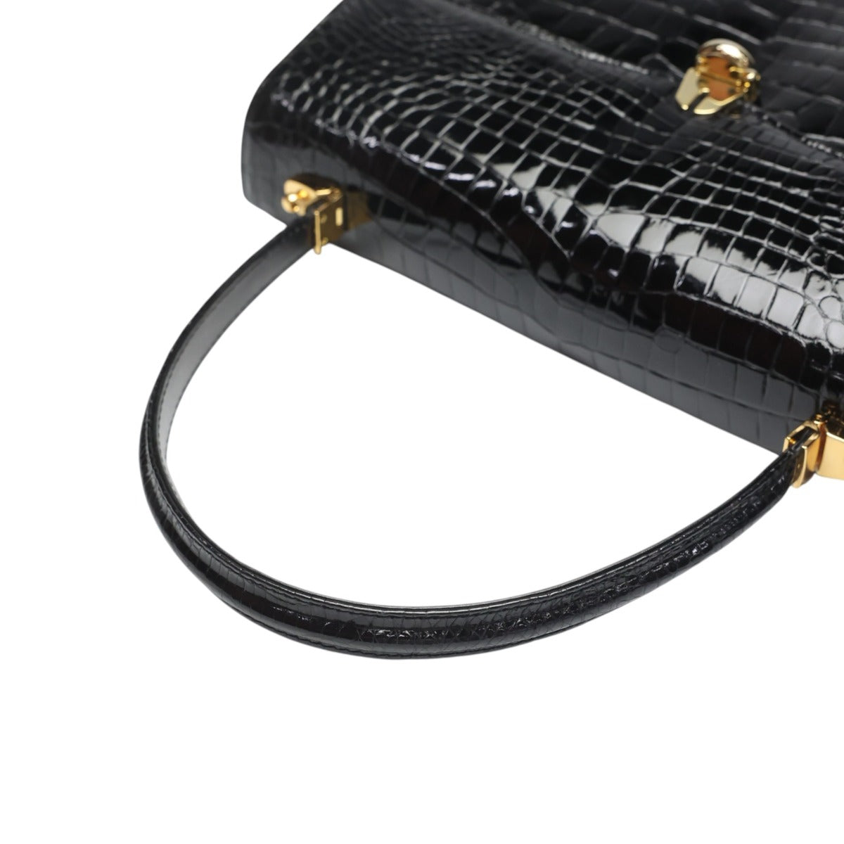 クロコダイル CROCODILE ハンドバッグ
 ハンドバッグ ゴールド金具 フォーマル レザー ブラック 【H】
 【中古】