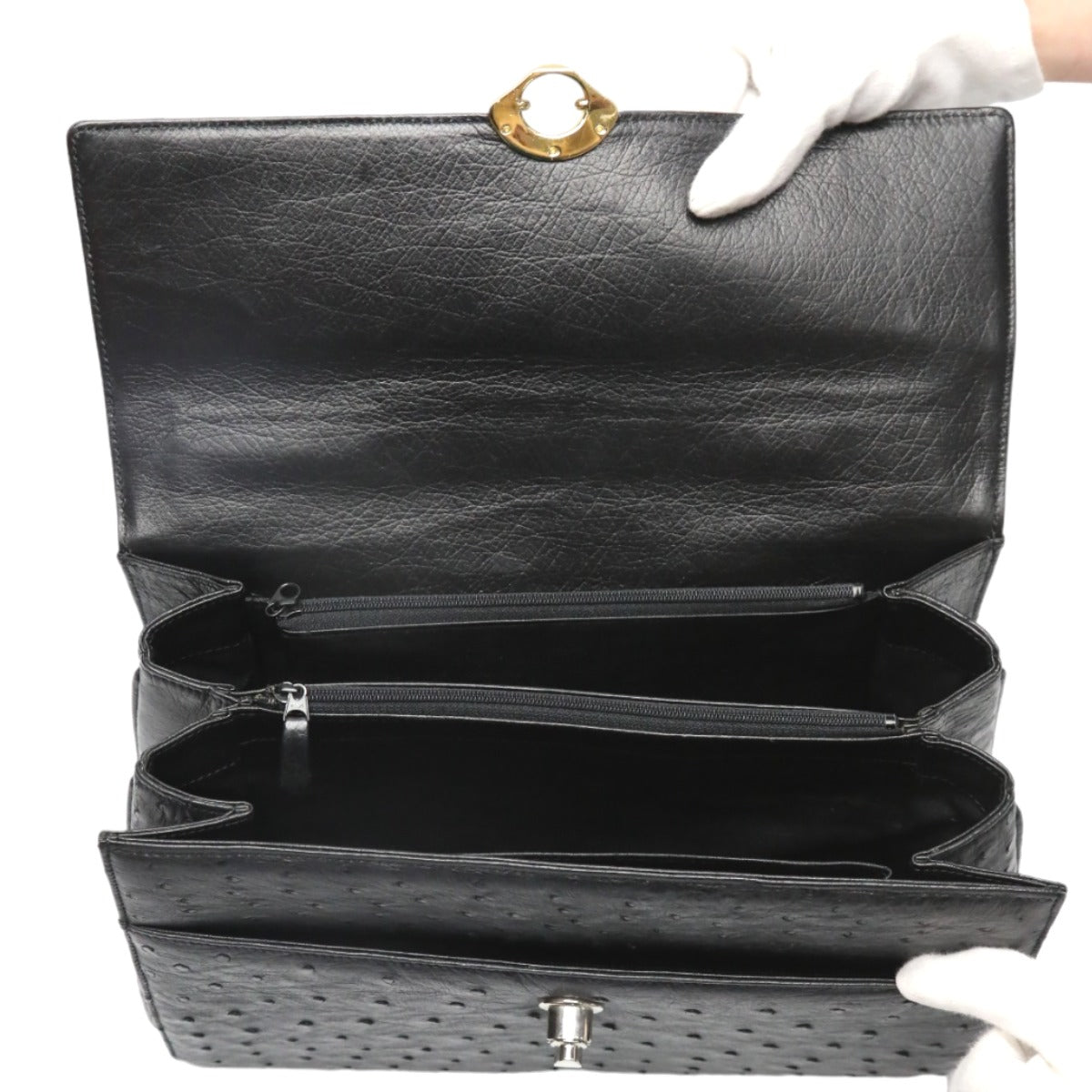 オーストリッチ ostrich ハンドバッグ
 フルポイント ゴールド金具 オーストリッチ ブラック 【H】
 【中古】
