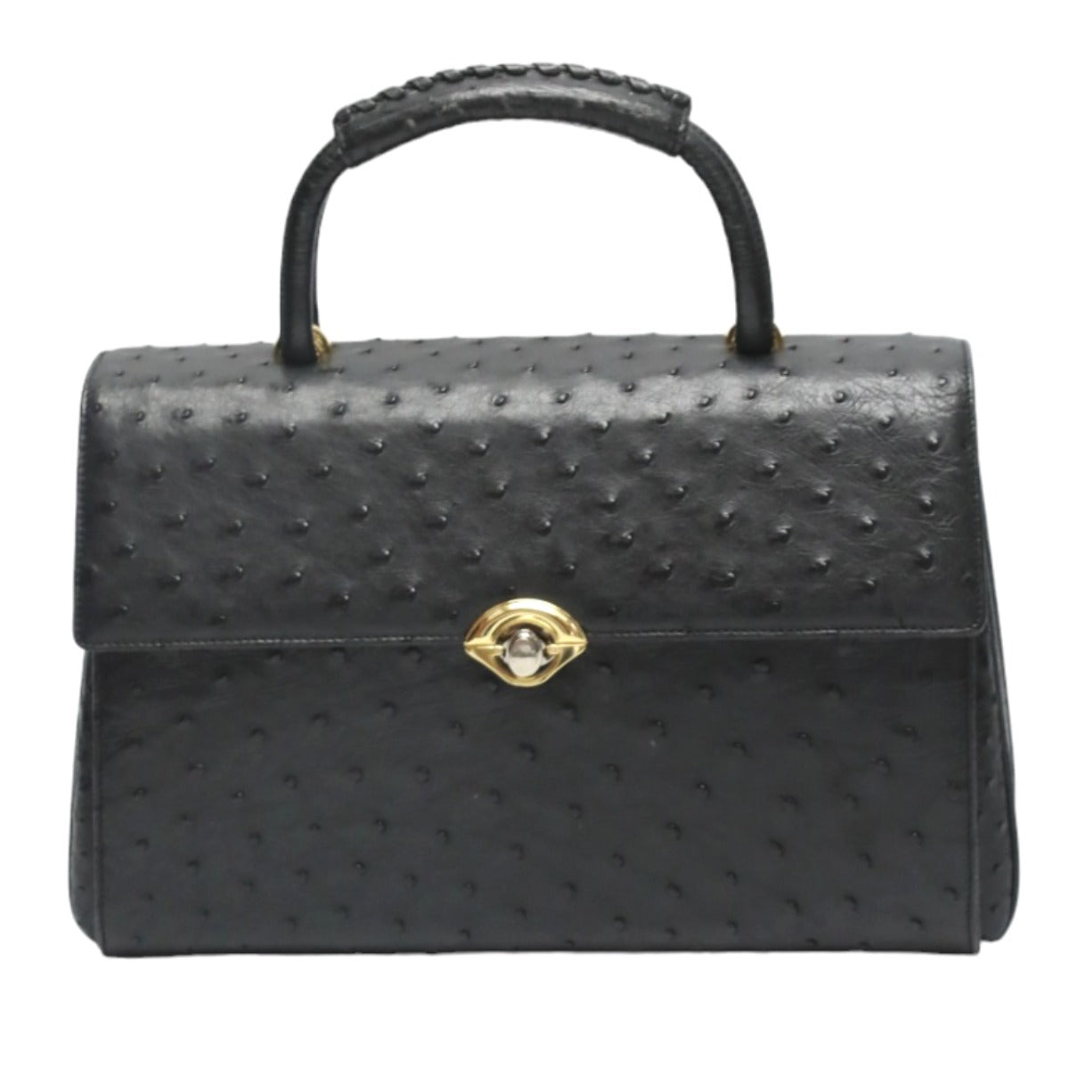 オーストリッチ ostrich ハンドバッグ
 フルポイント ゴールド金具 オーストリッチ ブラック 【H】
 【中古】