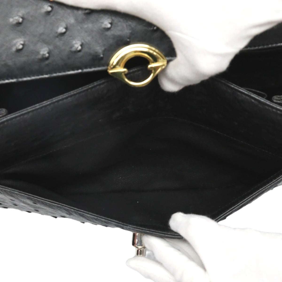 オーストリッチ ostrich ハンドバッグ
 フルポイント ゴールド金具 オーストリッチ ブラック 【H】
 【中古】