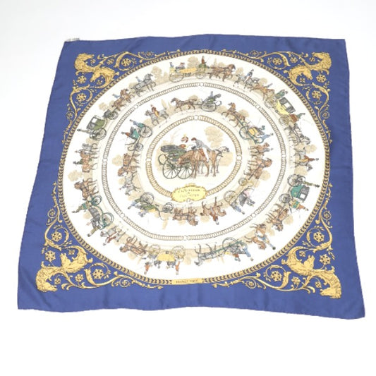 HERMES Scarf
 La PROMENADE DE LONGCHAMPS Carré 90 Silk Carré 90 Blue [SS]
 【second hand】 