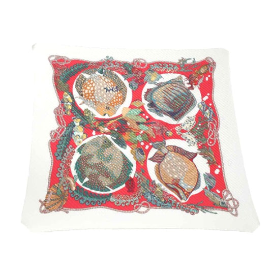 HERMES Scarf
 Pleated scarf, Pleated Carre, Fish pattern, Silk, Red x White [SS]
 【second hand】 